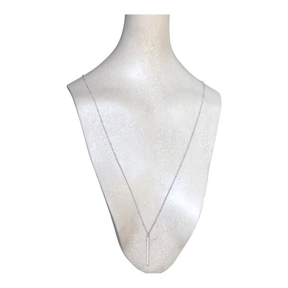 Classic Timeless Silver Plated Small Beads Cubic Zirconia Bar Pendant Necklace - Picture 4 of 15